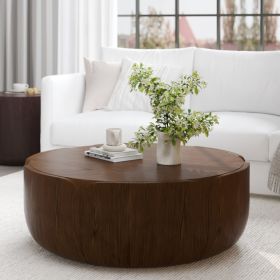 35.63" Round Outdoor Indoor Coffee Table, Modern Wood Grain Drum Center Table, Sturdy MGO (Magnesium Oxide) Waterproof, No-Assembly Table for Pat