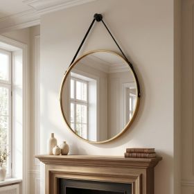 20" Wall Mounted Mirror Round Vanity Mirror with Leather Strap, Gold