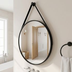 20" Wall Mounted Mirror Round Vanity Mirror with Leather Strap, Black