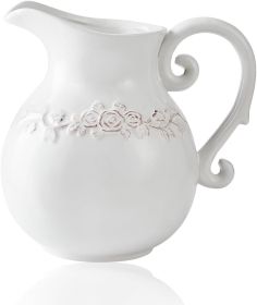 Ceramic Pitcher White Flower Vase, Farmhouse Ceramic Jug Vase for Home Décor, 7.3 inch Height.