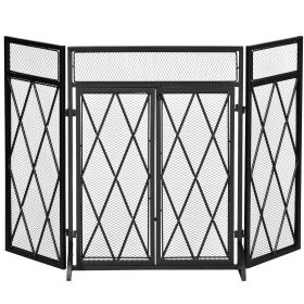 3-Panel Folding Fireplace Screen for Wood Burning with Double Doors, Home Heavy Duty Steel Fire Spark Guard, 47.25" W x 31" H, Black
