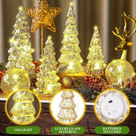 6 Pcs Mercury Glass Christmas Tree for Tabletop Light up Figurine Christmas Tree Mercury Cracked Glass Globe with Light for Xmas Decor Home Party (Color: Gold)